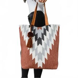 NEW PANACHE APPAREL women's pom tassel cotton tote in rust cream grey aztec tote